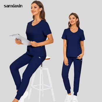 8 Düz Renk Seti hemşire üniforması Klinik Bluz Üst Kadın Kısa Kollu Çalışma Hemşirelik Üniforma Cep Fırçalama Pantolon doktor Uniforme