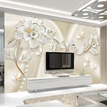 Fotoğraf Duvar Kağıdı Modern 3D Stereo Kabartma Beyaz Çiçekler Duvar Resimleri Oturma Odası TV Kanepe Arka Plan Duvar Sticker Kendinden Yapışkanlı Duvar Kağıdı