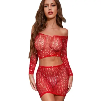 Erotik İç Çamaşırı Takım Elbise Seksi Kırmızı Örgü Tayt Üniforma Günaha İçi Boş Pijama Seksi İç Çamaşırı Porno Takım Elbise Kadınlar için 18