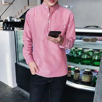 Uzun Kollu Gömlek Erkekler için İlkbahar ve Sonbahar Kore Tarzı Moda erkek Çizgili Standı Yaka Gömlek Slim Fit Gömlek Erkekler Streetwear