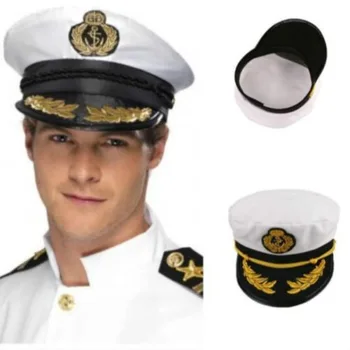 Vintage Yetişkin fantezi parti elbisesi Unisex Beyaz Ayarlanabilir Kaptan Denizciler Donanma Kaptan Botla Askeri Şapka Kap