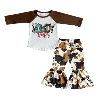 Yeni Varış Çocuklar Uzun Kollu Kıyafet Toddler Kız Süt ipek tişört Maç İnek Flare Pantolon 2 Parça Set