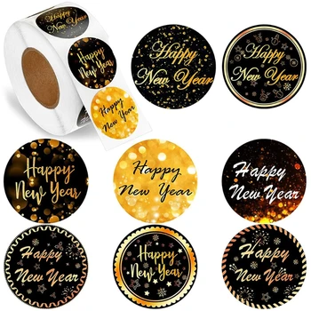 500 Adet / Rulo Mutlu Yeni Yıl Çıkartmalar 8 Tasarımlar 1.5