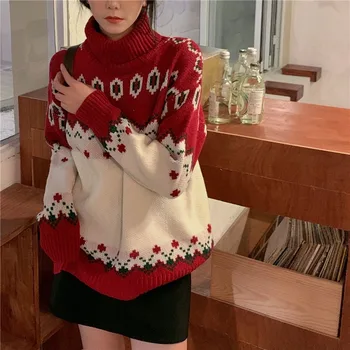 Kore versiyonu yeni retro yüksek boyun Noel kazak uzun kollu kazak Japon tembel tarzı