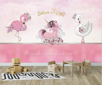 Özelleştirmek herhangi bir çocuk odası duvar kağıdı Nordic Pembe Unicorn Flamingo Kuğu Fotoğraf duvar 3d Duvar Kağıdı