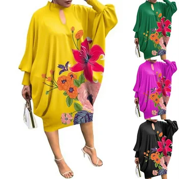 Retro Çiçek Baskı Dashiki Afrika Elbise Kadın Artı Boyutu Boubou Elbiseler Kaftan Batwing Kollu Abaya parti giysileri Ankara Kıyafet