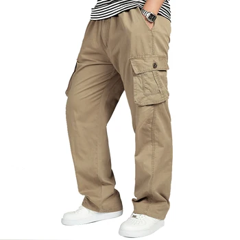 Artı Boyutu Bahar Yaz Erkek Pantolon Gevşek Kargo Pantolon Erkek Çok Cepler Taktik Pantolon Rahat Streetwear Düz Renk Xl-6Xl