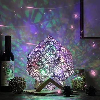 Iskandinav komodin Lambası LED Kare Rattan Lamba Masa yatak odası için lamba Dekor Yıldızlı Gökyüzü projeksiyon ışığı Modern Süs Ev için