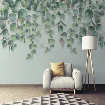 Özel Herhangi Bir Boyut Duvar Kağıdı Modern El Boyalı 3D Suluboya Yeşil Yapraklar İskandinav Minimalist Oturma Odası TV Arka Plan Duvar