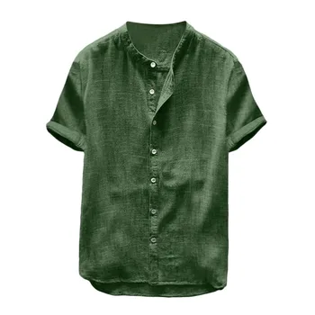 Yaz Gömlek Erkekler Baggy Pamuk Len Düz Renk Kısa Kollu Retro Tunik Gömlek Bluz Tops Erkekler Clothg Camisa Mascula Рубазка