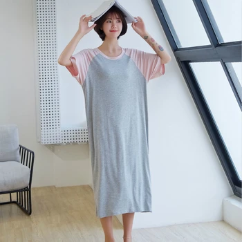 Ekstra Uzun Uyku Elbise Bayan İç Çamaşırı Gecelik Yaz Kore İnce Modell Gevşek Pürüzsüz Basit Artı Boyutu Kısa Kollu Kıyafeti